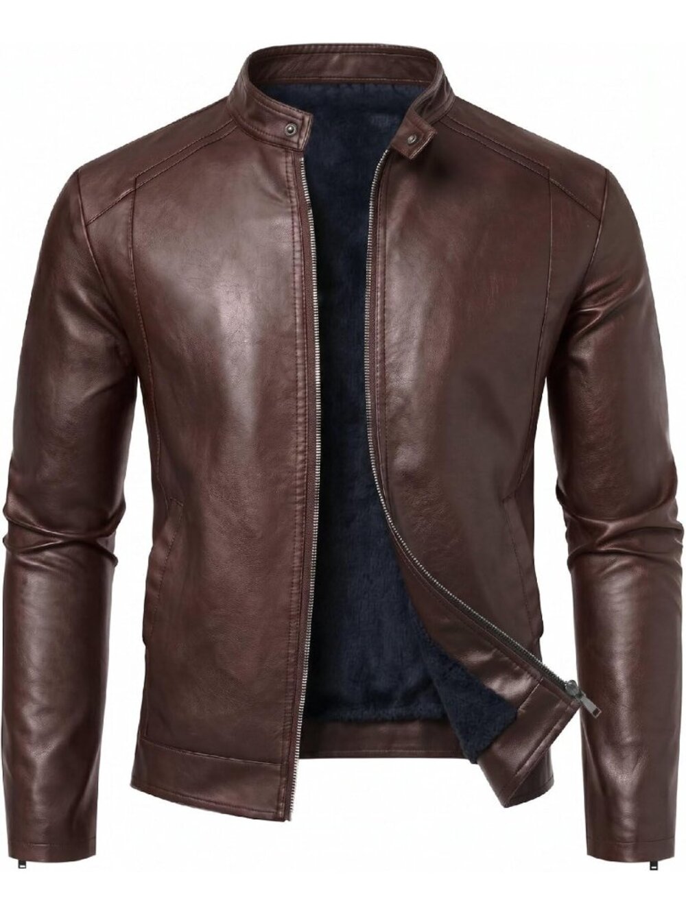 Men’s Dark Brown Faux Leather Motorcycle Moto Biker Jacket Stand Collar Coat